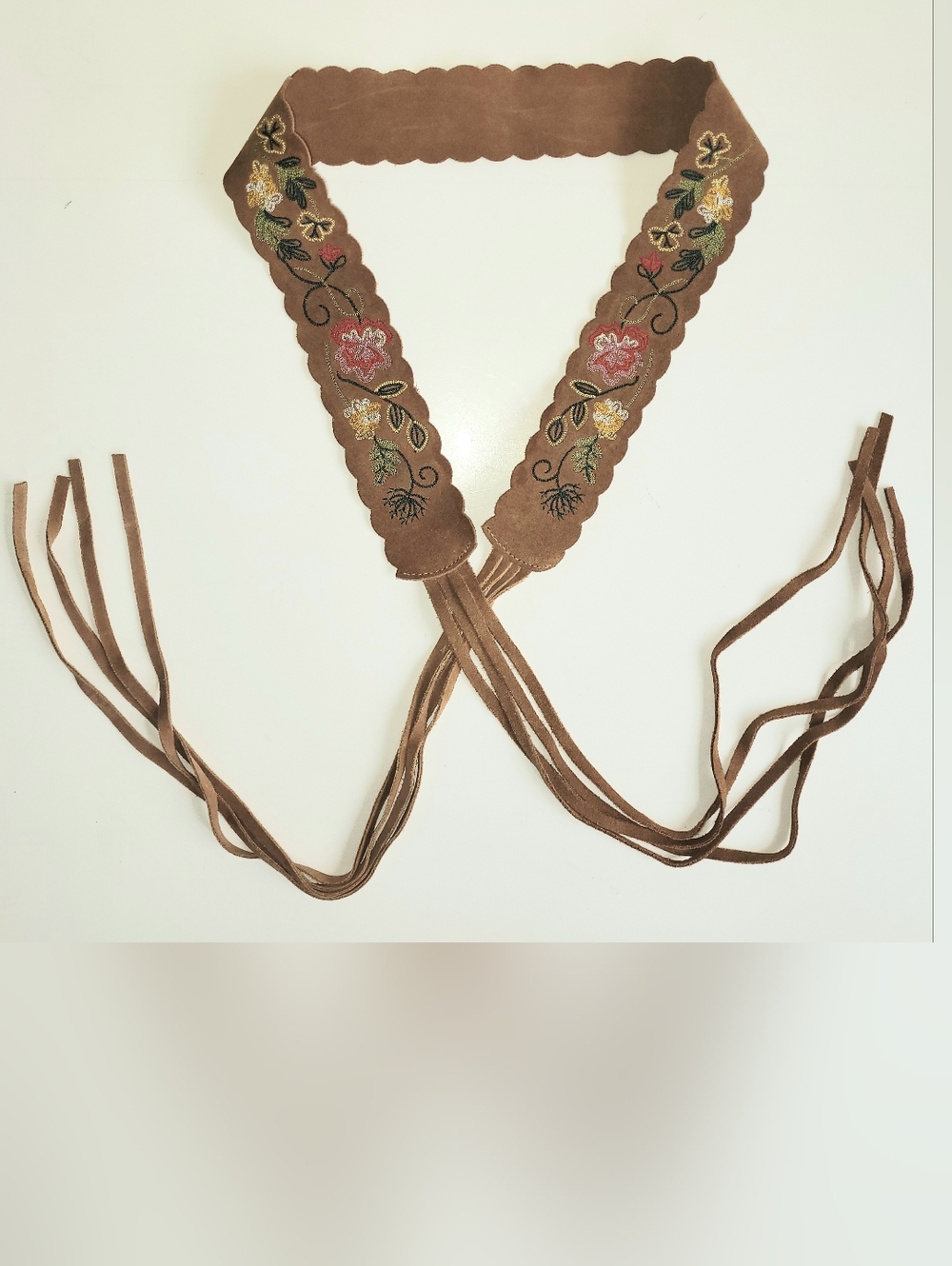 Western Boho Embroidered Suede Fringe Tie Belt - Tan - Picture 4 of 7